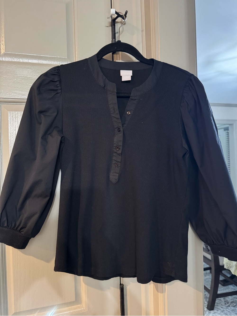 Chico's Black Puff-Sleeve Henley Top